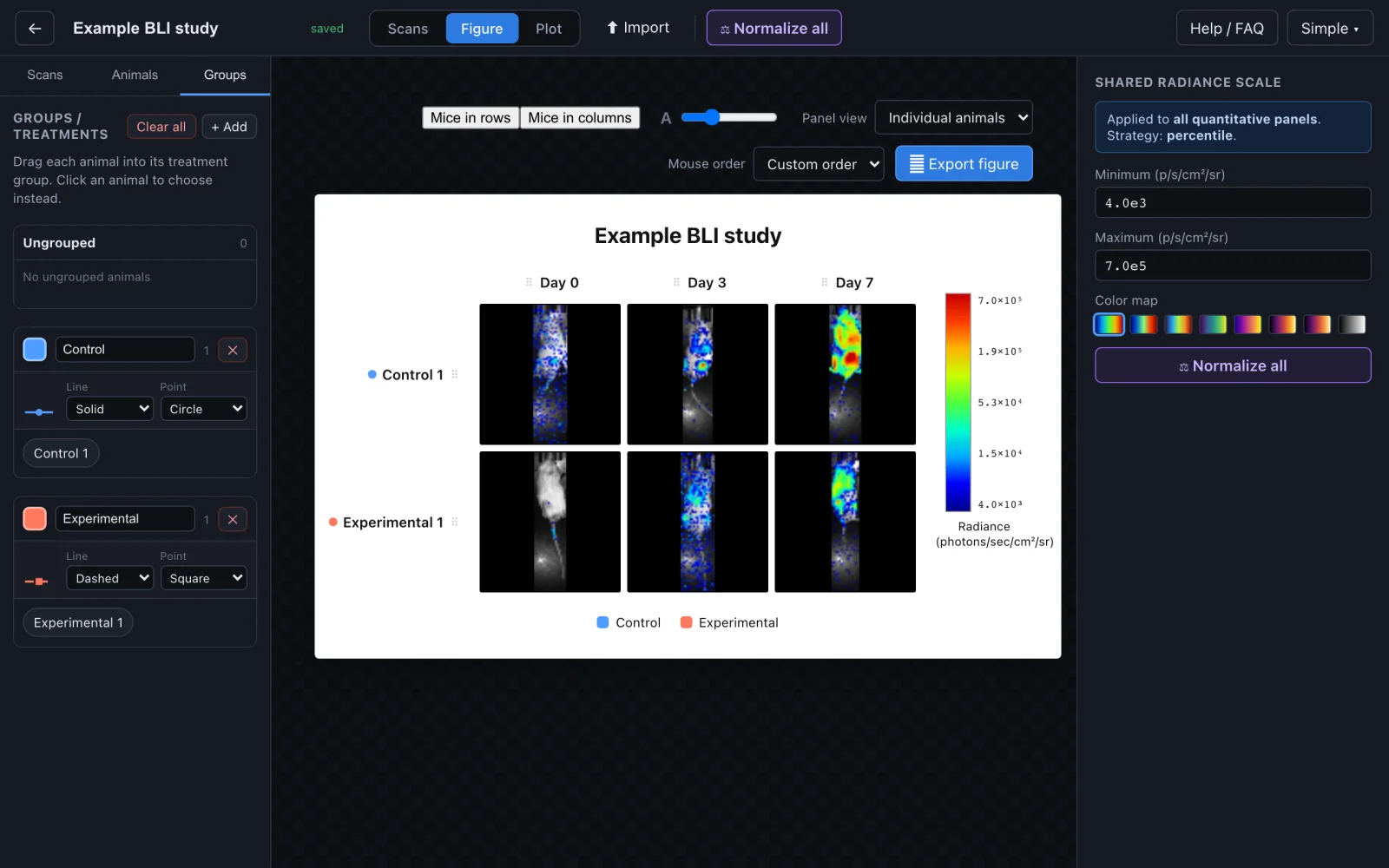 SimpleBLI Figure view arranging individual mice across three time points with one shared radiance color scale